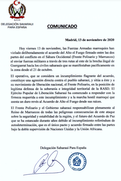 COMUNICADO DEL FRENTE POLISARIO - CRISIS DE GUERGUERAT